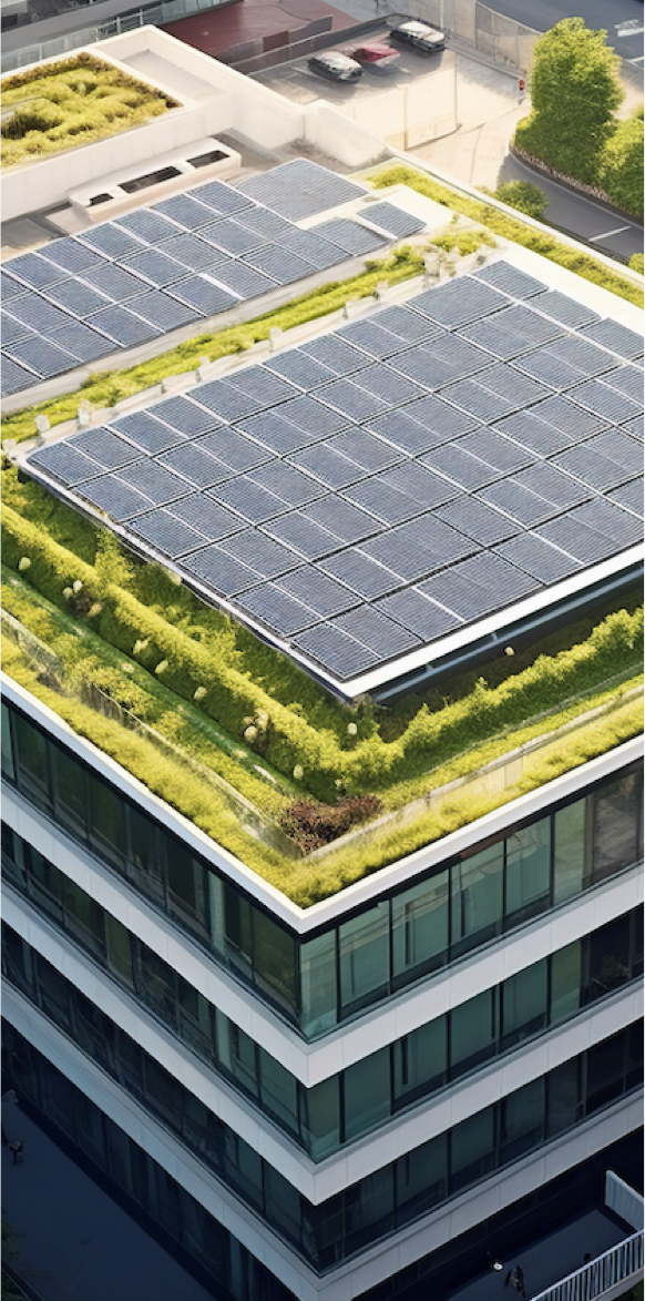 Edificio inteligente con paneles solares y sistema de iluminación inteligente