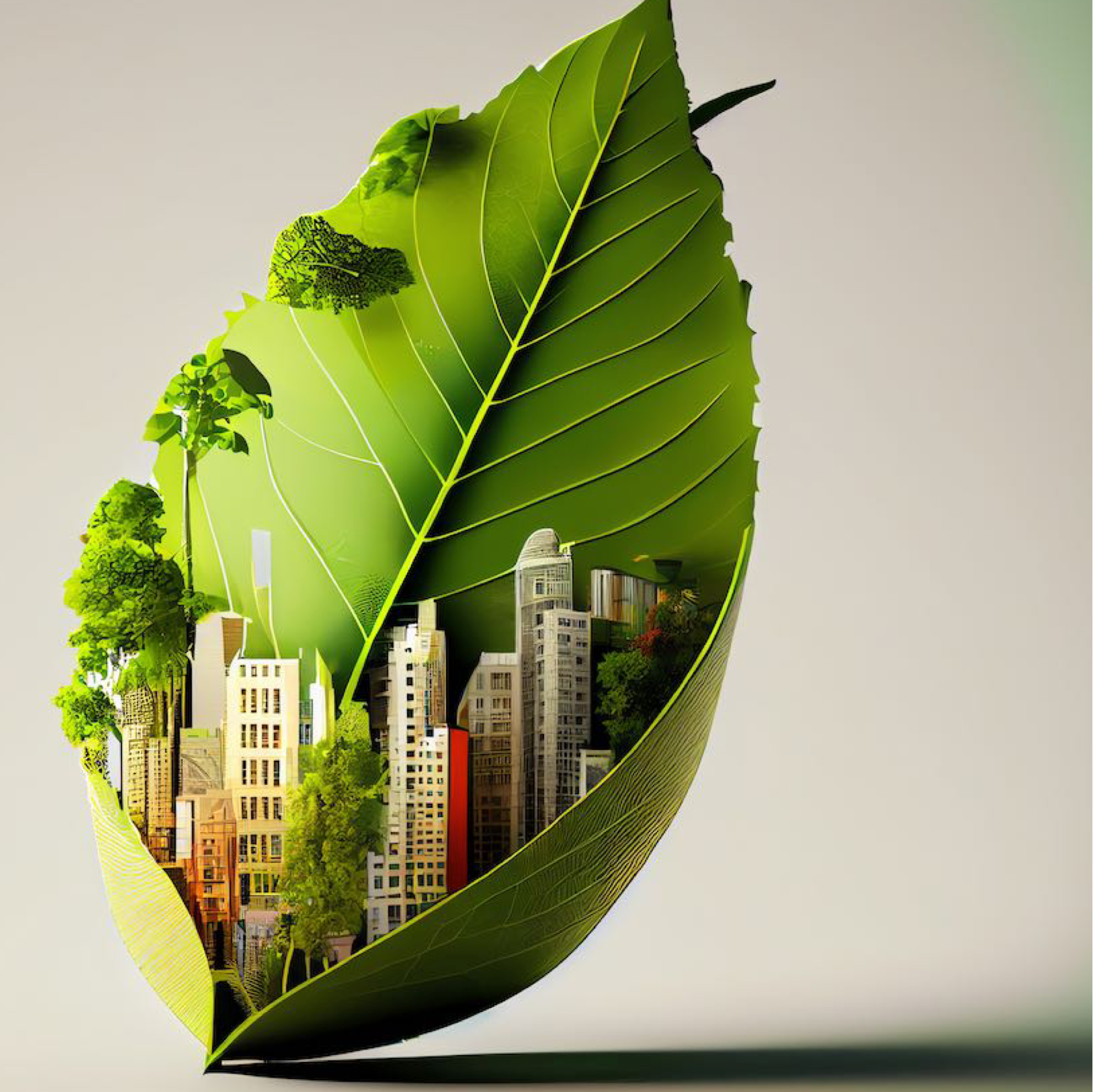 Arte digital, hoja con edificios representando sostentabilidad y energias limpias