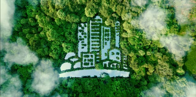 Bosque con dibujo de edificio inteligente